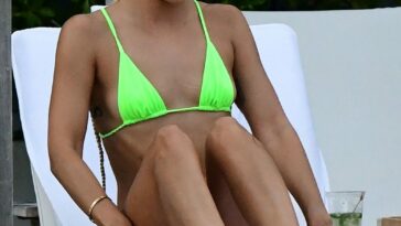 Jasmine Sanders Looks Stunning in a Neon Green Bikini as She Relaxes by the Oool in Miami (28 Photos)